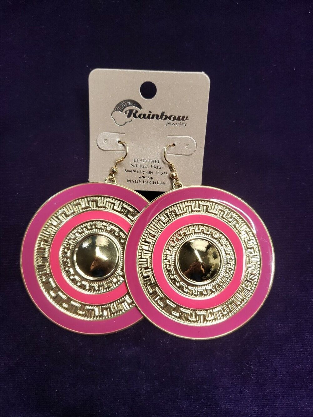 Rainbow Brand BOHO Style Earrings, Very Large, Gold Tone, Purple and Pink, NWT